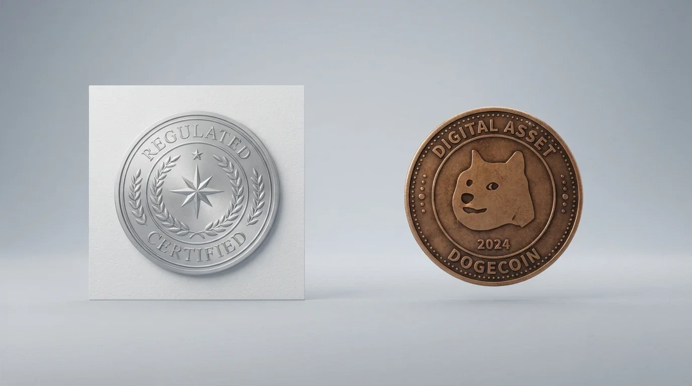 Il logo dell'Agenzia delle Dogane e dei Monopoli accanto al simbolo del Dogecoin, separati da una linea tratteggiata che rappresenta il confine tra mercato regolamentato e offshore