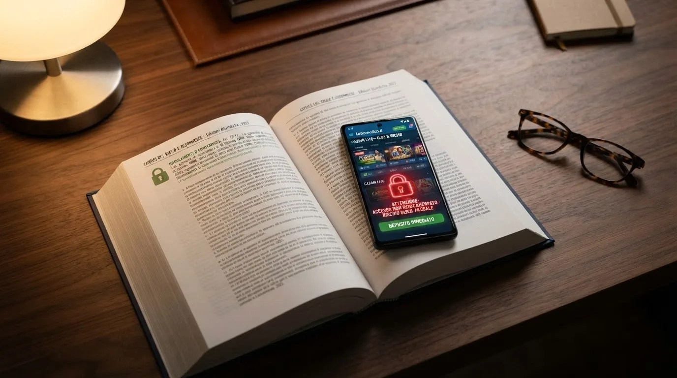Un libro aperto con il testo della legge italiana, sovrapposto a uno schermo che mostra un casinò online — un lucchetto verde sul libro e uno rosso sul sito.