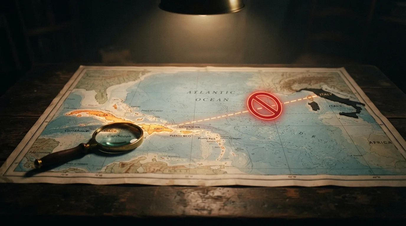 Una mappa che mostra l'isola di Curaçao con un'icona di connessione che punta verso l'Italia, interrotta da un simbolo di blocco
