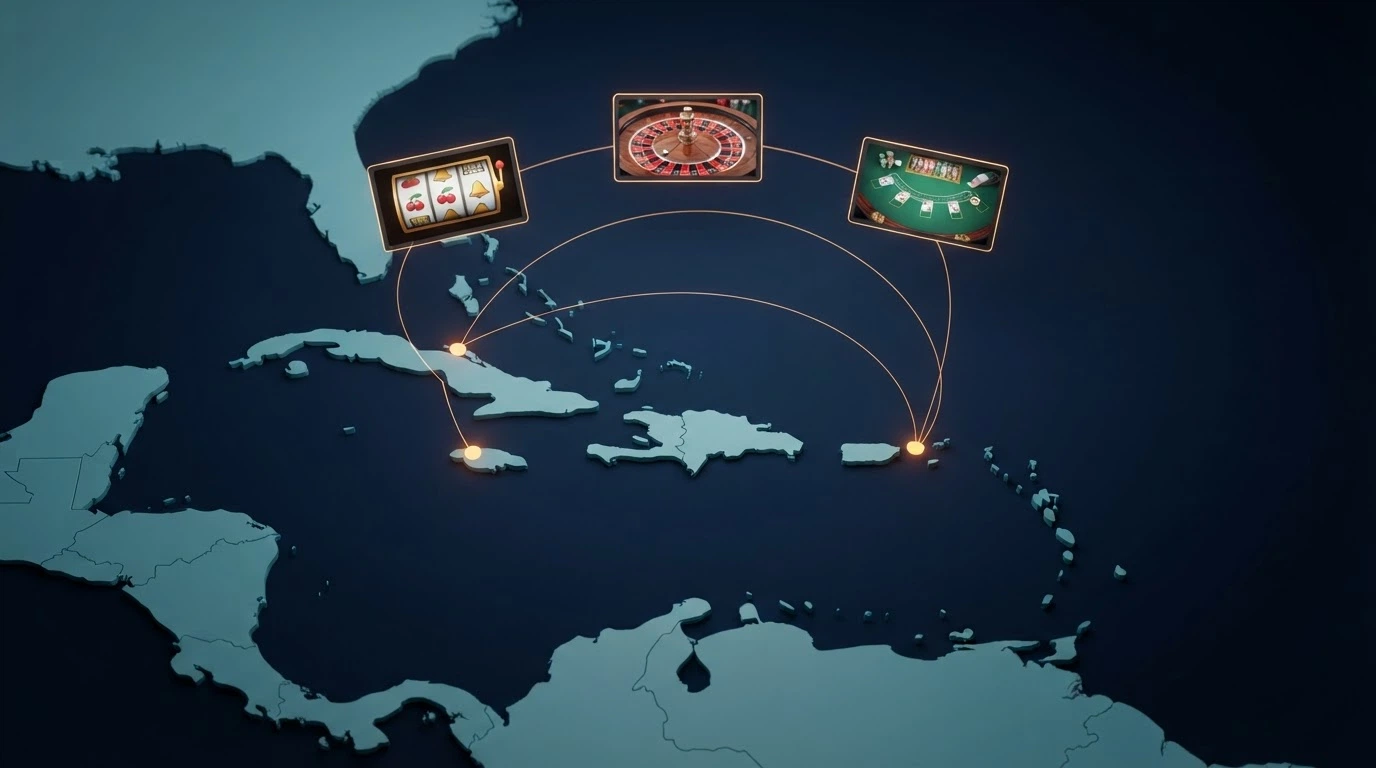 Una mappa stilizzata dei Caraibi con i puntini su Curaçao e Costa Rica, collegati da linee a schermi di casinò