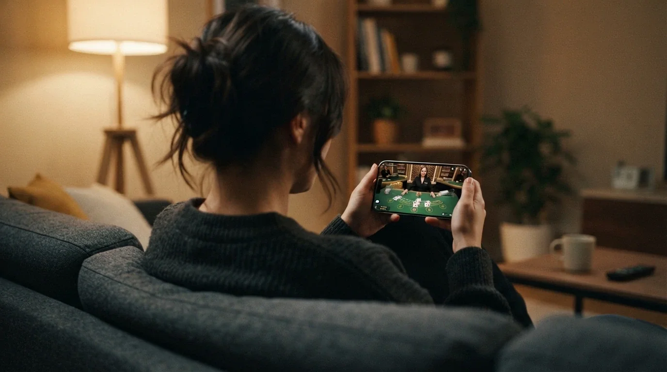 Tavolo di blackjack live con croupier in streaming su schermo iPhone