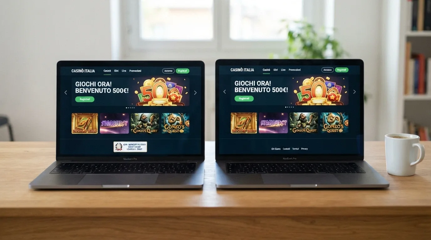 Una schermata di homepage di un casino online con il logo ADM evidenziato nel footer a confronto con una senza logo