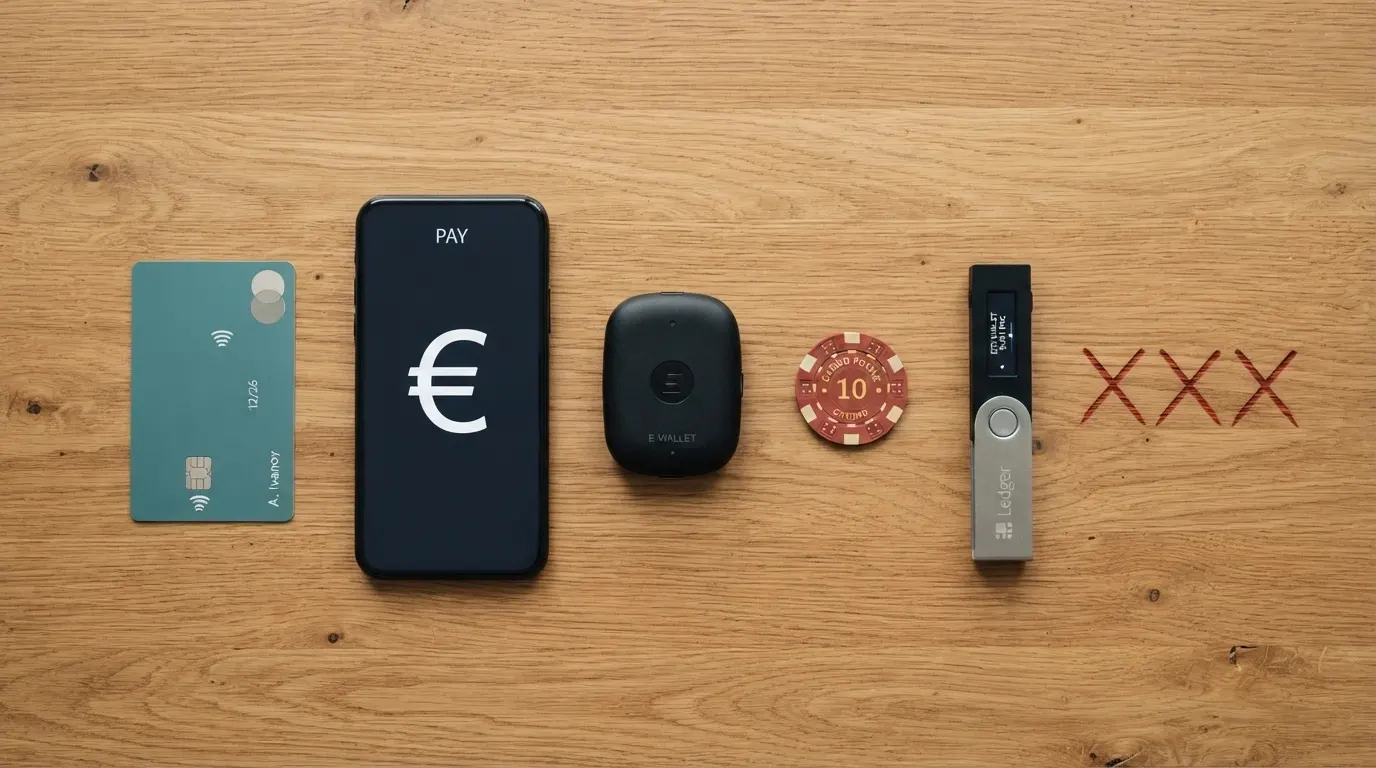 Una gamma di metodi di pagamento — carta di credito, portafoglio elettronico, Bitcoin — con una croce sopra le icone di PayPal, Satispay e Postepay