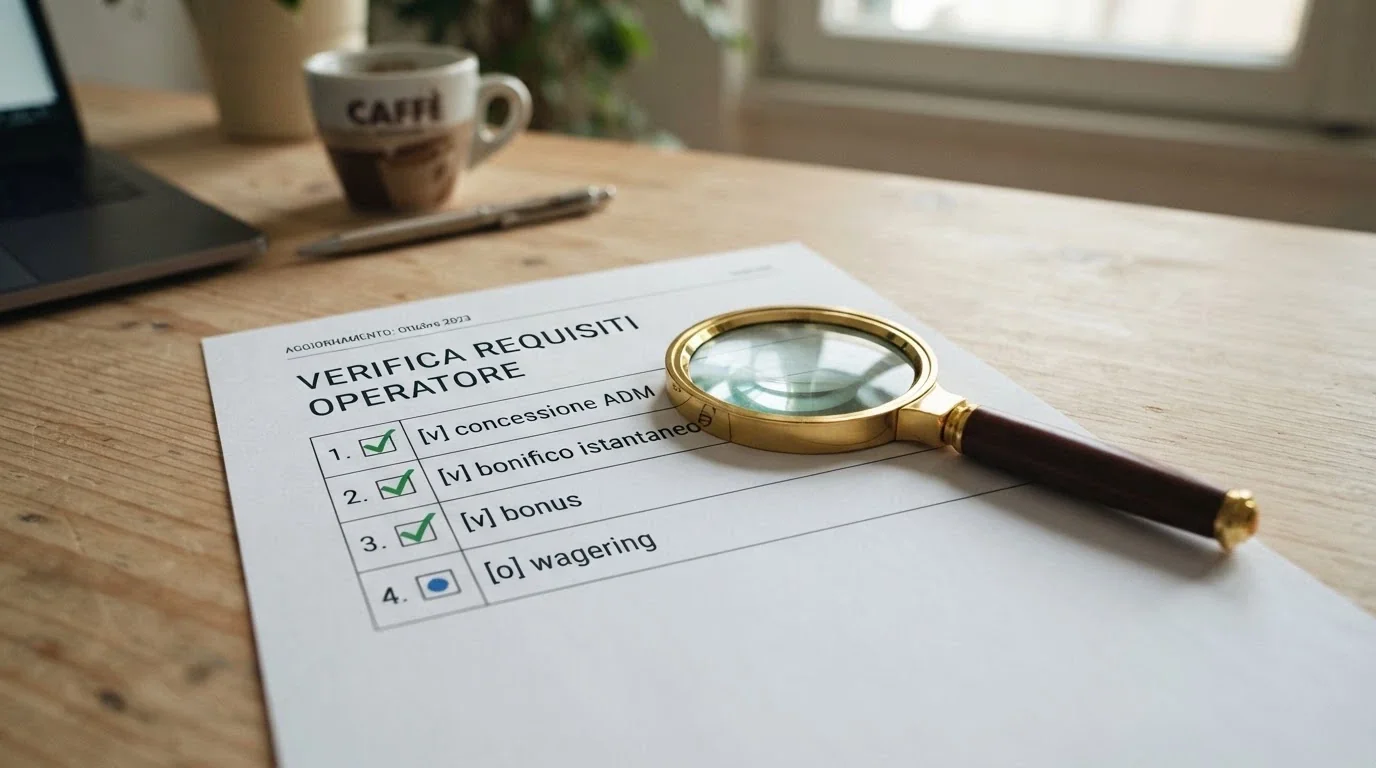 Una lente di ingrandimento su una lista di controllo con voci «concessione ADM», «bonifico istantaneo», «bonus» e «wagering» barrate una a una