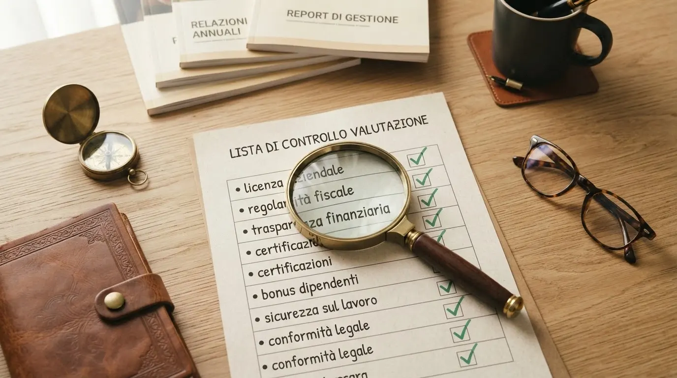 Una lente di ingrandimento su una lista di criteri — licenza, bonus, trasparenza — con accanto i loghi stilizzati delle fonti consultate ma senza nomi di marchi reali