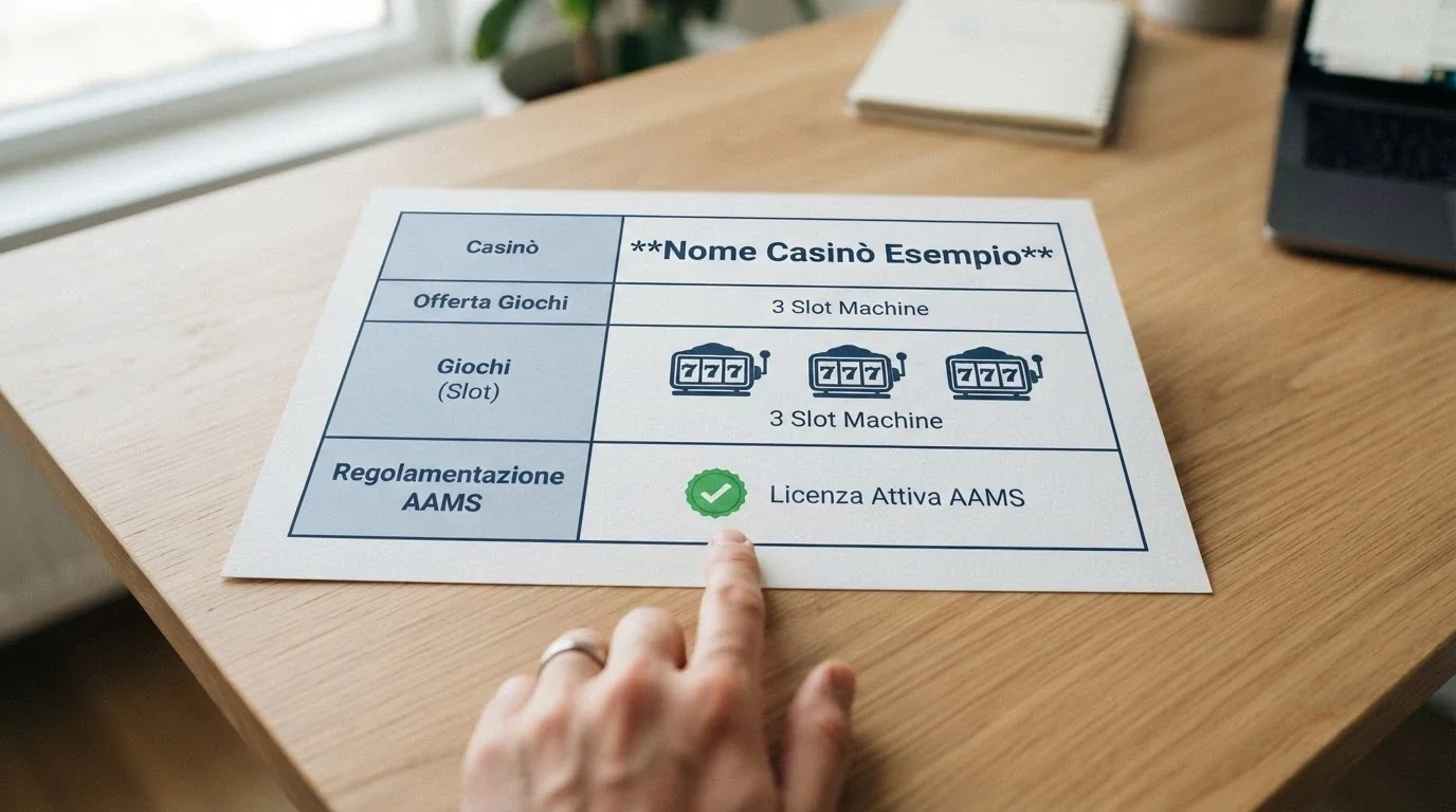 Una tabella stilizzata con le prime tre righe visibili: nome casinò, numero di giri gratis e bollino ADM