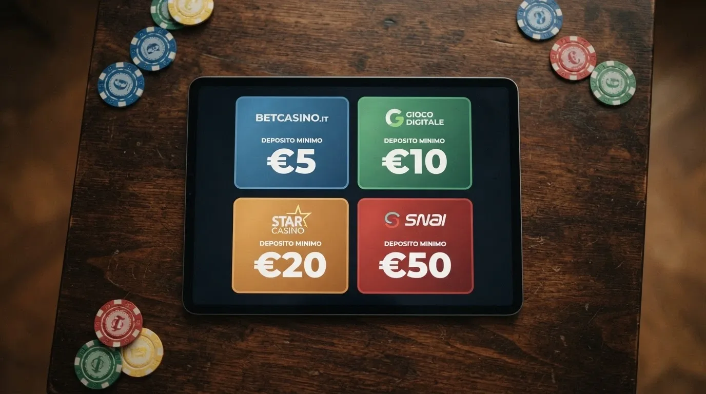 Una vista comparativa di schermate di casinò ADM con l'indicazione del deposito minimo in evidenza su ognuna