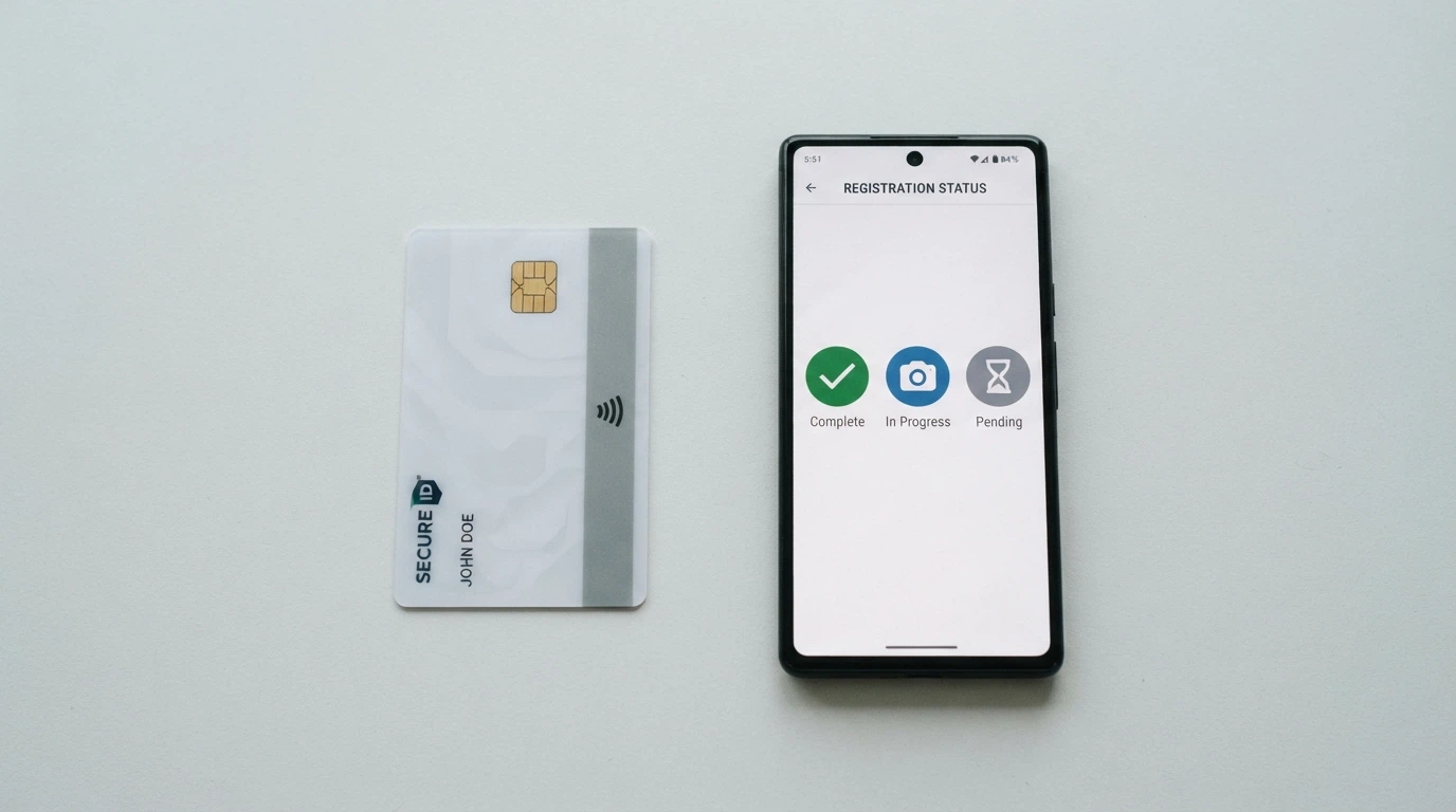 Una Carta d'Identità Elettronica italiana appoggiata su una superficie, affiancata da uno smartphone che mostra tre icone: un segno di spunta verde (NFC completo), un mirino fotografico (CIE parziale) e una clessidra (CIE sospesa)
