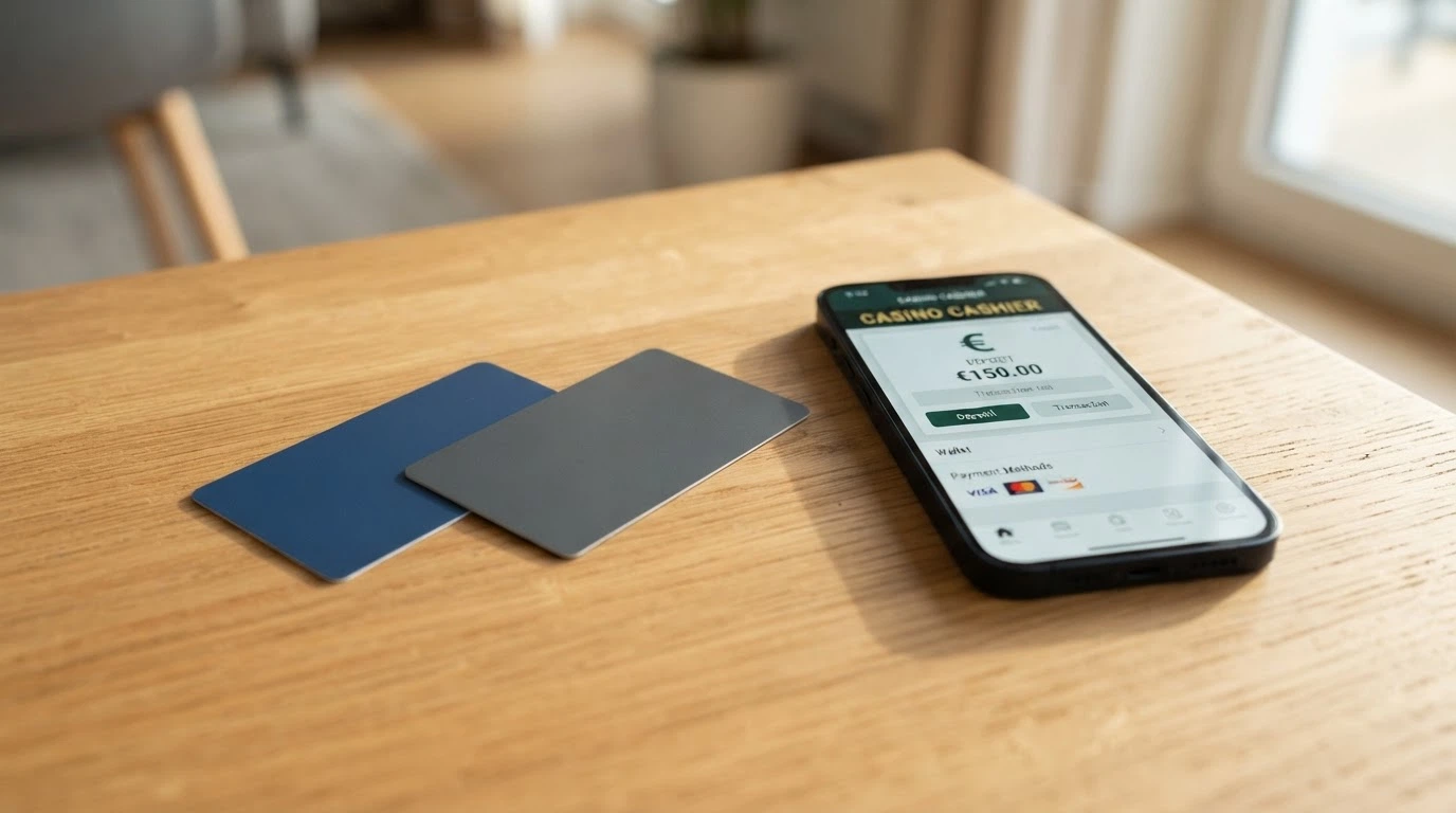 Carte Visa e Mastercard appoggiate su un tavolo accanto a uno smartphone con un casinò online aperto sulla pagina cassa