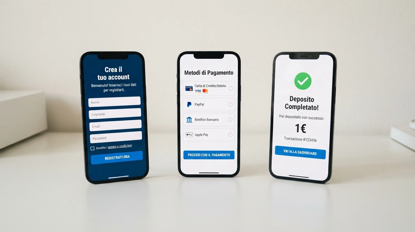 Una sequenza di tre schermate: registrazione, scelta del metodo di pagamento e conferma del deposito da 1€