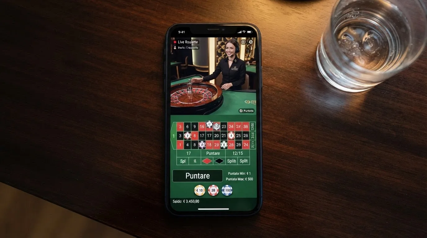 Uno smartphone che mostra la schermata di roulette live della piattaforma gaming del Casinò di Sanremo, con un croupier dal vivo visibile nello stream e l'interfaccia di puntata in italiano.