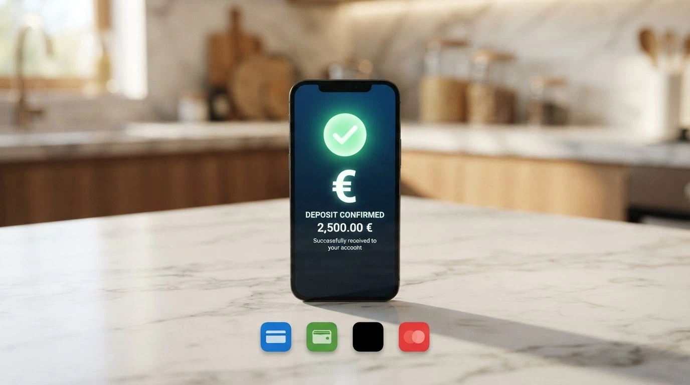 Le icone di PayPal, Google Pay, Apple Pay e Skrill allineate sopra un telefono che mostra una schermata di deposito istantaneo completato