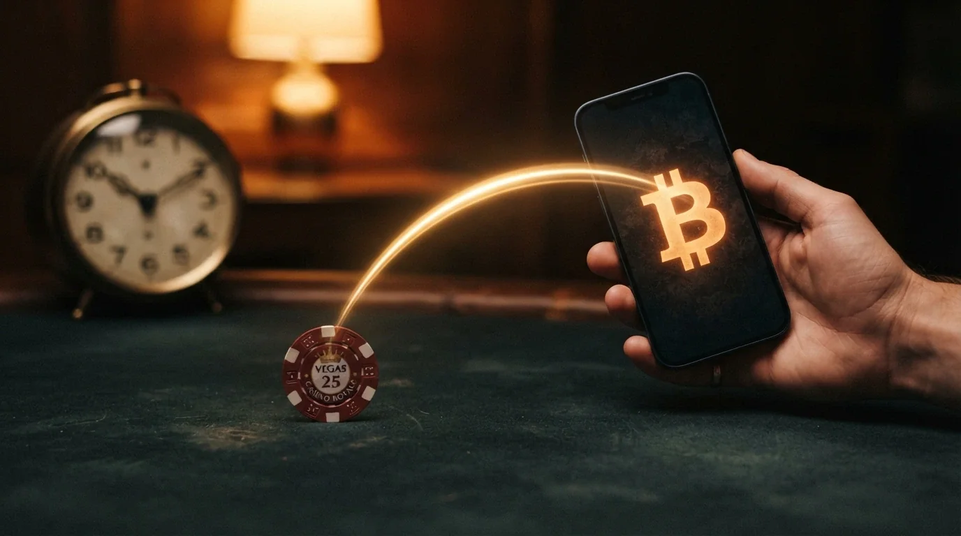 Una transazione in Bitcoin visualizzata come un lampo che collega il portafoglio del giocatore a un conto casinò, con un cronometro che segna pochi minuti