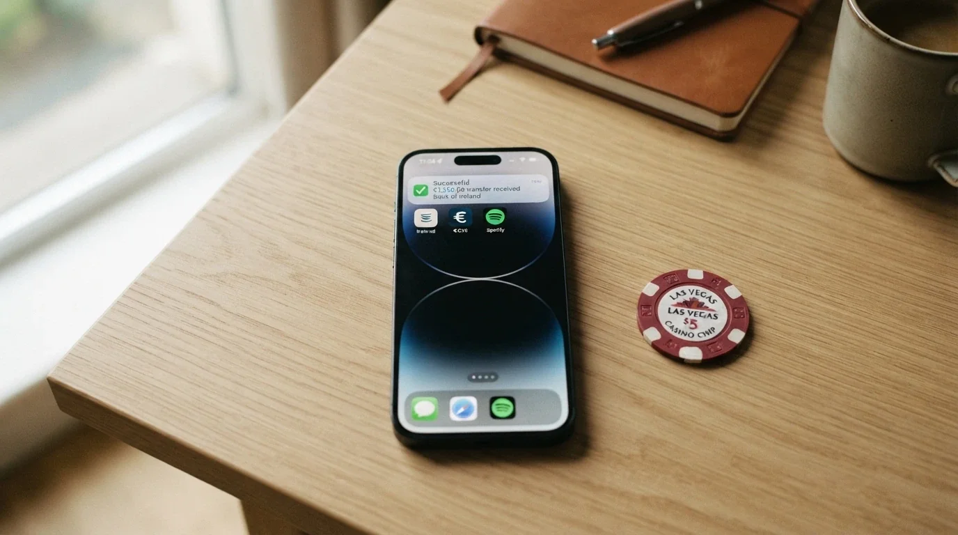 Un telefono con la notifica di un bonifico in entrata accanto a un calice, con il logo di un casinò ADM in sovrimpressione leggera
