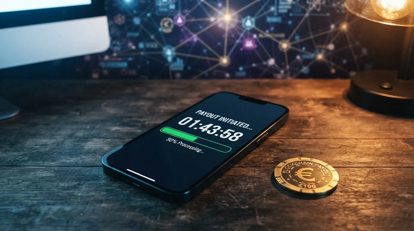 Un cronometro digitale affiancato dal logo di Bitcoin, con una barra di avanzamento a metà e una serie di ingranaggi stilizzati che rappresentano le conferme blockchain.