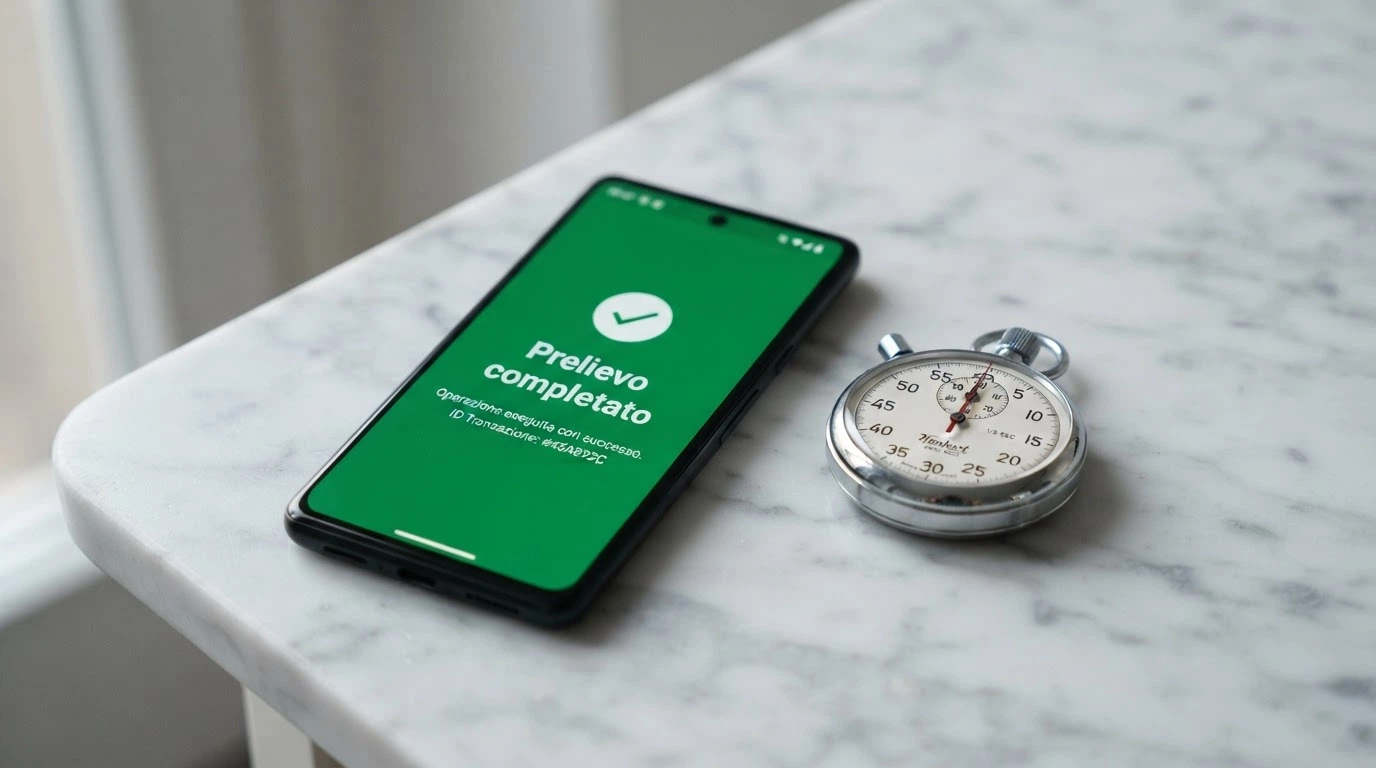 Un cronometro accanto allo schermo di uno smartphone con la notifica di un prelievo completato tramite portafoglio digitale