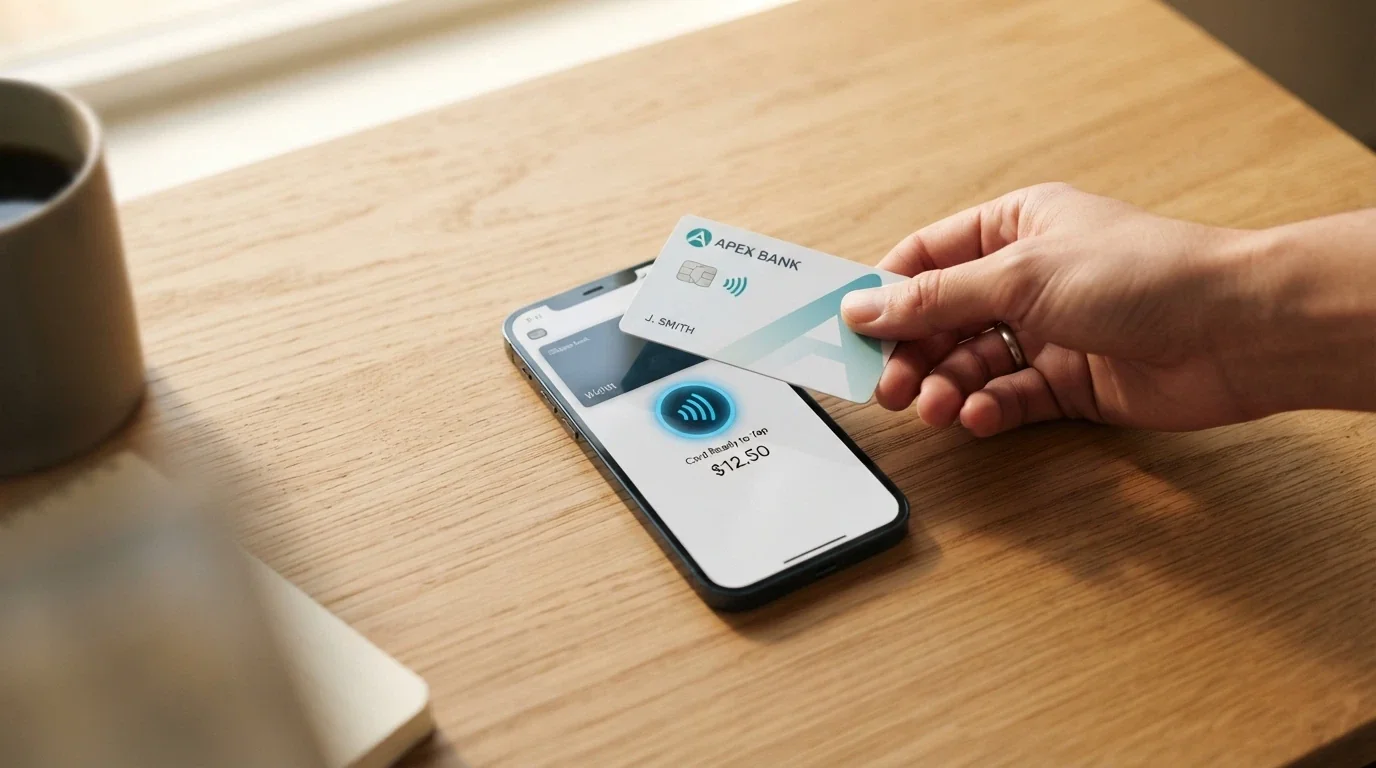 Una mano che avvicina una CIE a uno smartphone, con l'app CieID aperta e il simbolo NFC visibile sullo schermo