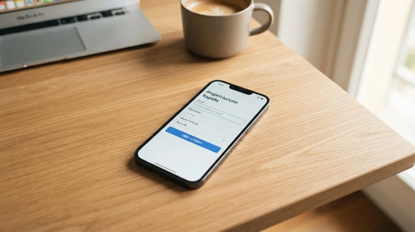 Un modulo di registrazione semplificato con pochi campi: email, password e valuta, senza il campo «codice fiscale»