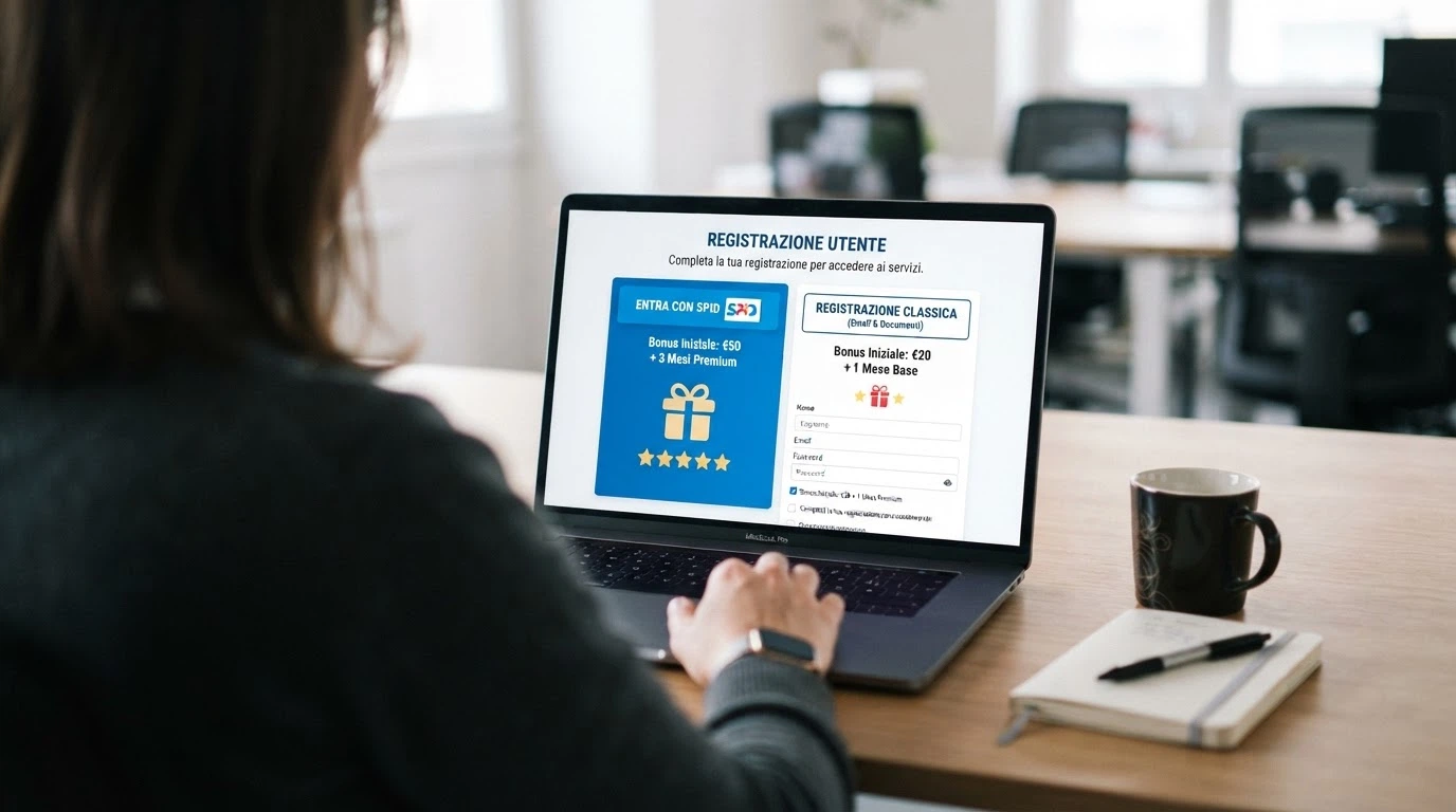 Schermata di registrazione su un casinò online con il pulsante «Entra con SPID» affiancato alla registrazione classica, accanto a icone di bonus diversi