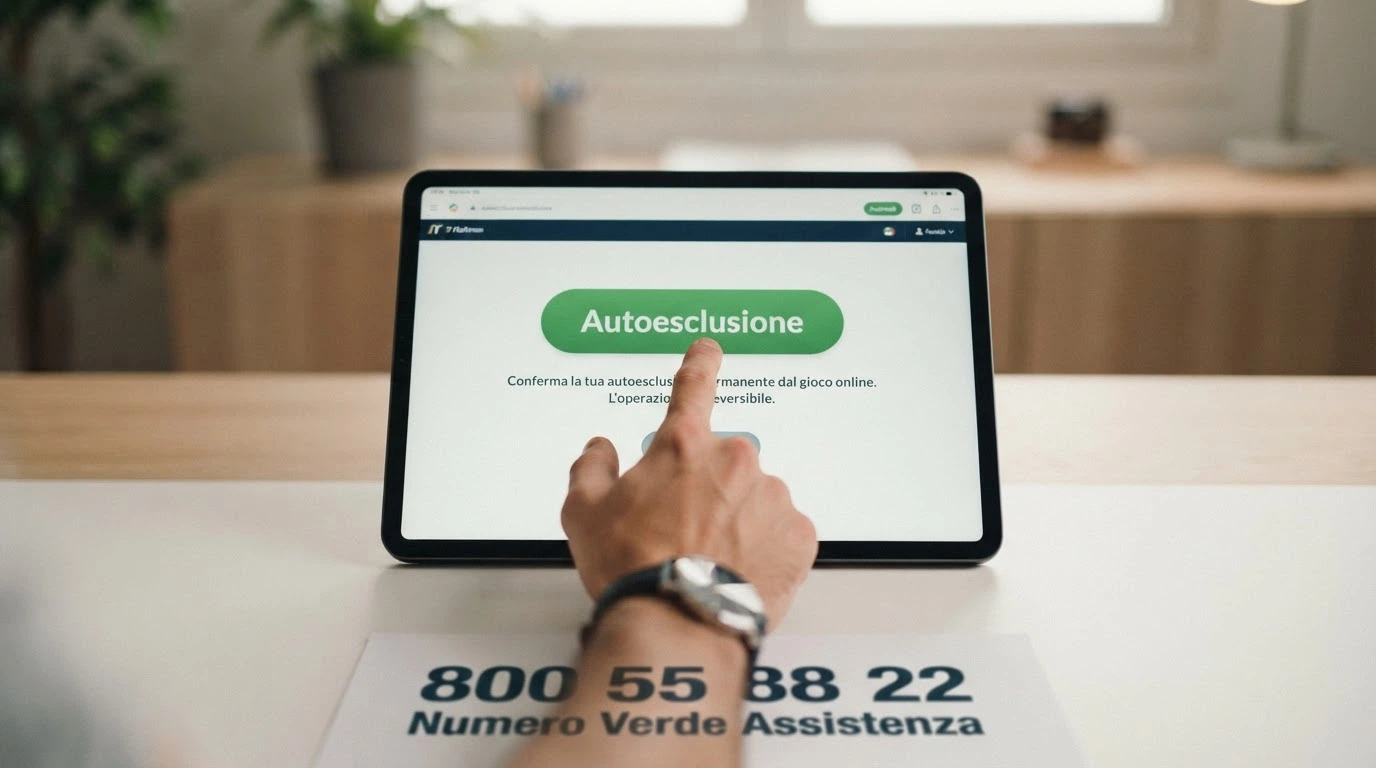 Una mano che preme il tasto «autoesclusione» su uno schermo, accanto al numero verde 800 55 88 22 in primo piano