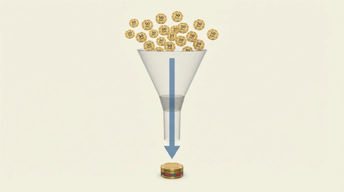 Un diagramma a imbuto: 50 giri gratis in cima, poi il restringimento del rollover, e in fondo una piccola somma in euro