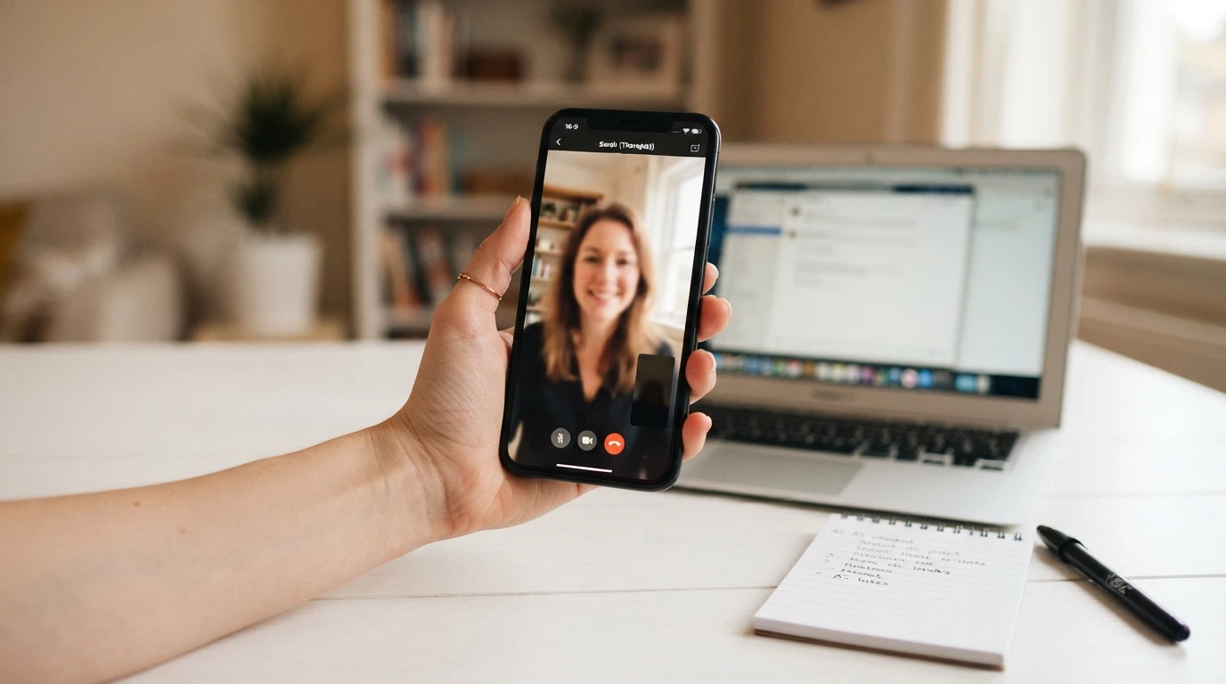 Una mano che solleva la cornetta di un telefono rosso, accanto allo schermo di un computer con l'interfaccia di una sessione di terapia online