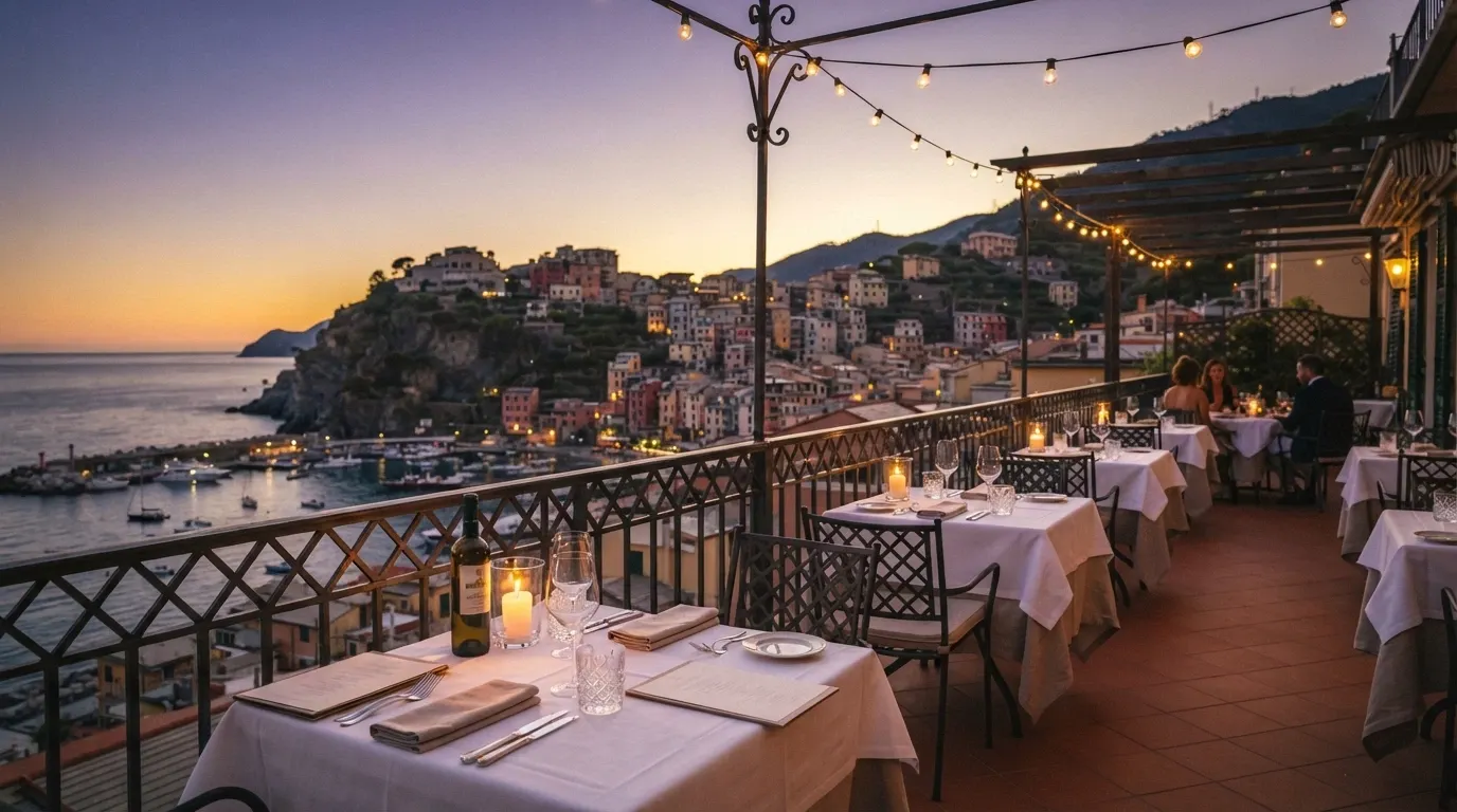 Tavoli apparecchiati sulla terrazza del Roof Garden del Casinò di Sanremo, con vista sulla città e sul mare, parte della formula cena-spettacolo da €120 a persona.