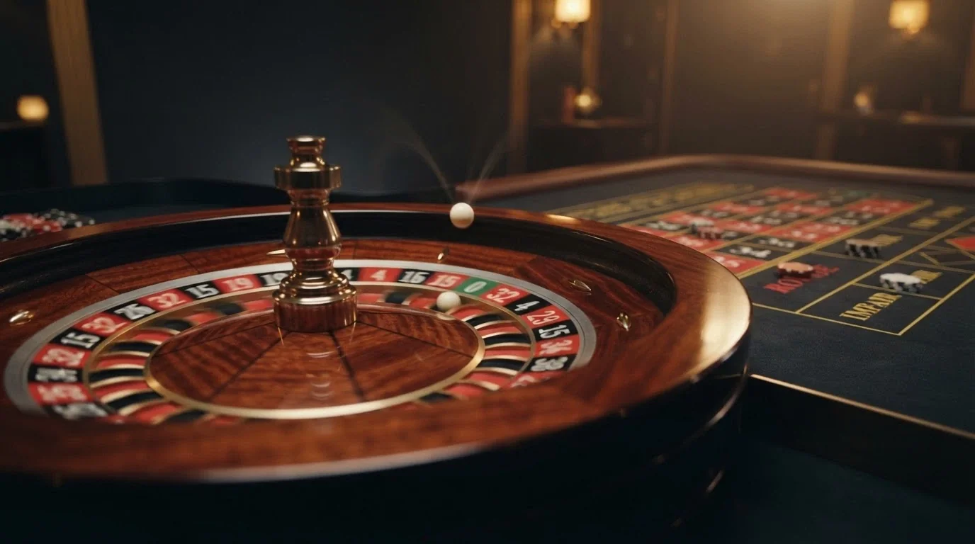 Primo piano del cilindro di una roulette francese dal vivo con plancia delle puntate esterne in evidenza
