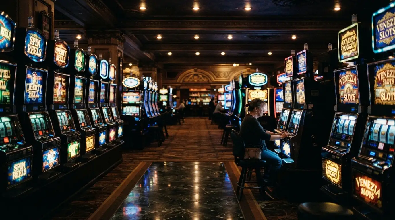 La sala slot machine del Casinò di Sanremo con file di macchine illuminate, schermi colorati e giocatori seduti, in una delle 11 sale da gioco della struttura.
