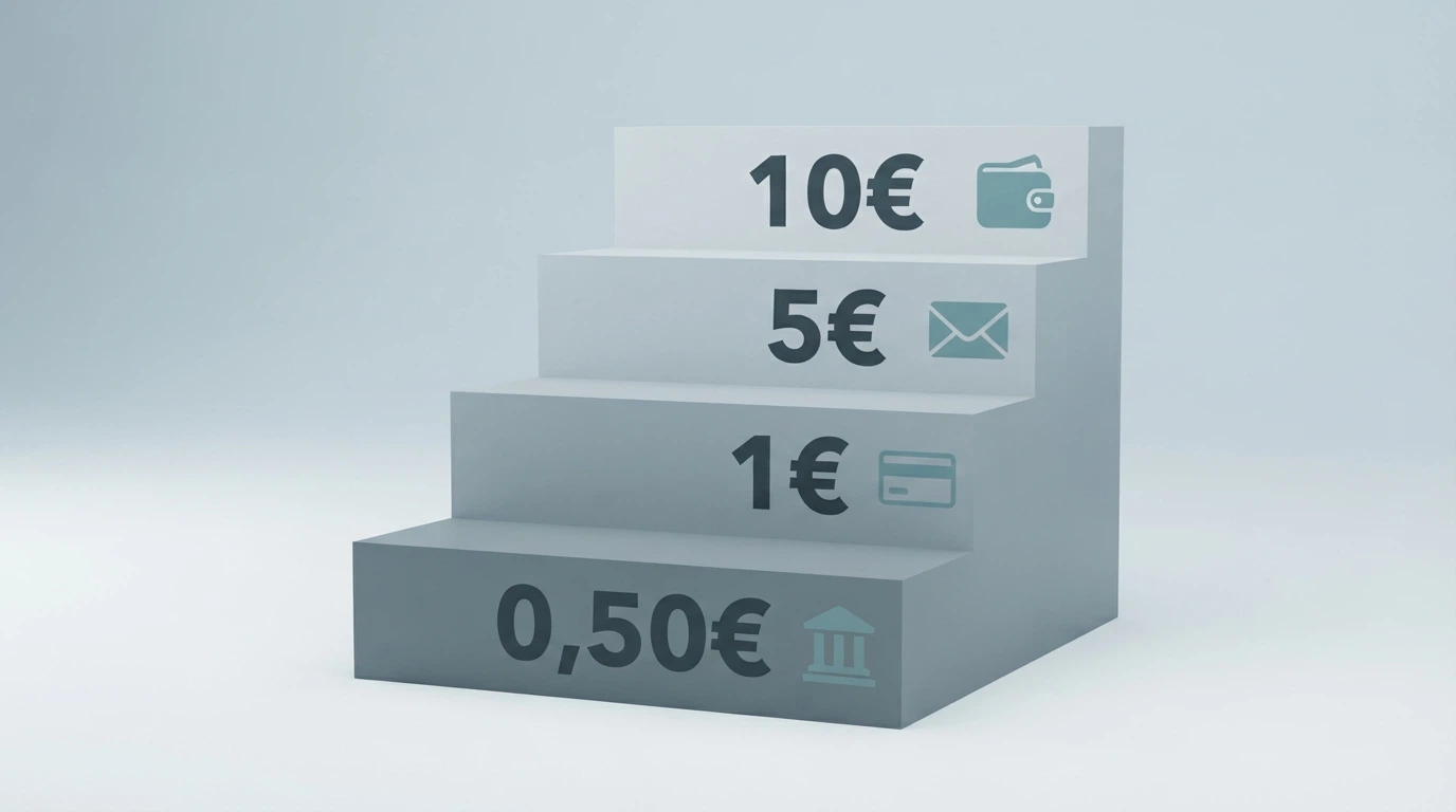 Una scala stilizzata con quattro gradini, ciascuno etichettato con una cifra in euro (0,50€, 1€, 5€, 10€) e un metodo di pagamento accanto (bonifico, voucher, Postepay, PayPal), su sfondo bianco pulito