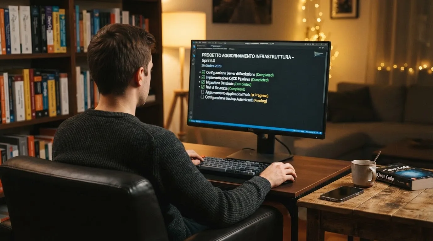 Un giocatore seduto davanti al computer in un ambiente domestico rilassato, con una lista di controllo (checklist) aperta sullo schermo e il telefono a portata di mano