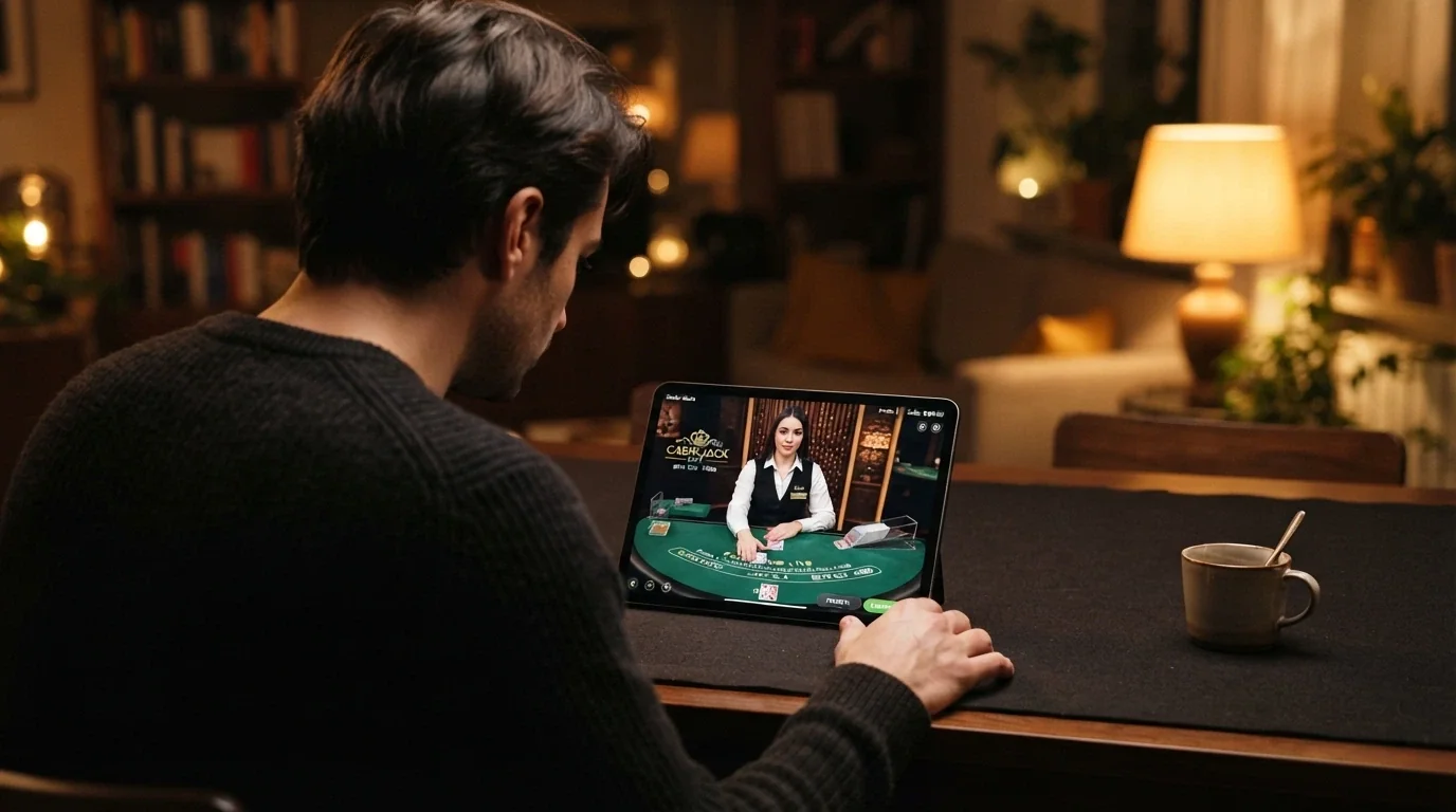 Un giocatore seduto al tavolo di un casinò live su un tablet, con una mano sul dispositivo e l'espressione di chi sta prendendo una decisione ponderata