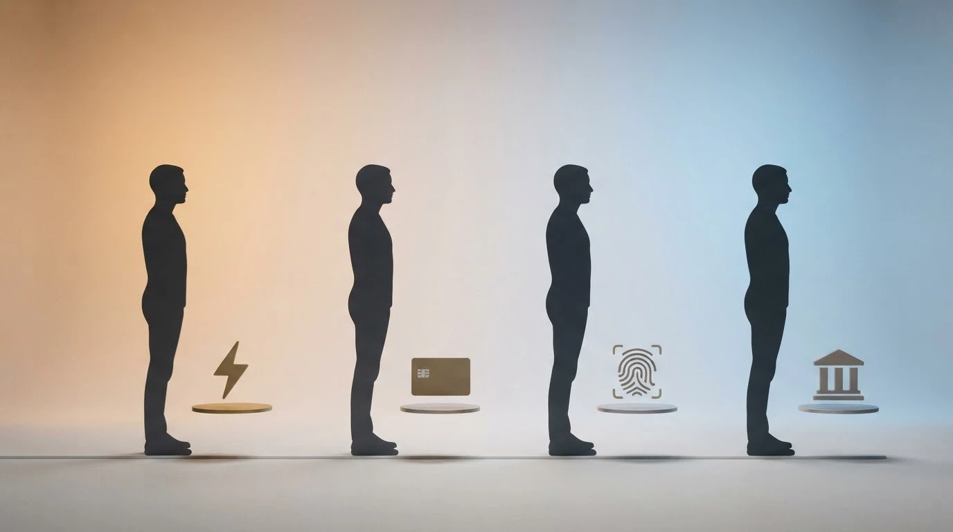 Quattro silhouette di profili di giocatori con accanto l'icona del metodo di pagamento più adatto: e-wallet per la velocità, carta per la semplicità, Apple Pay per la privacy, bonifico per gli importi alti