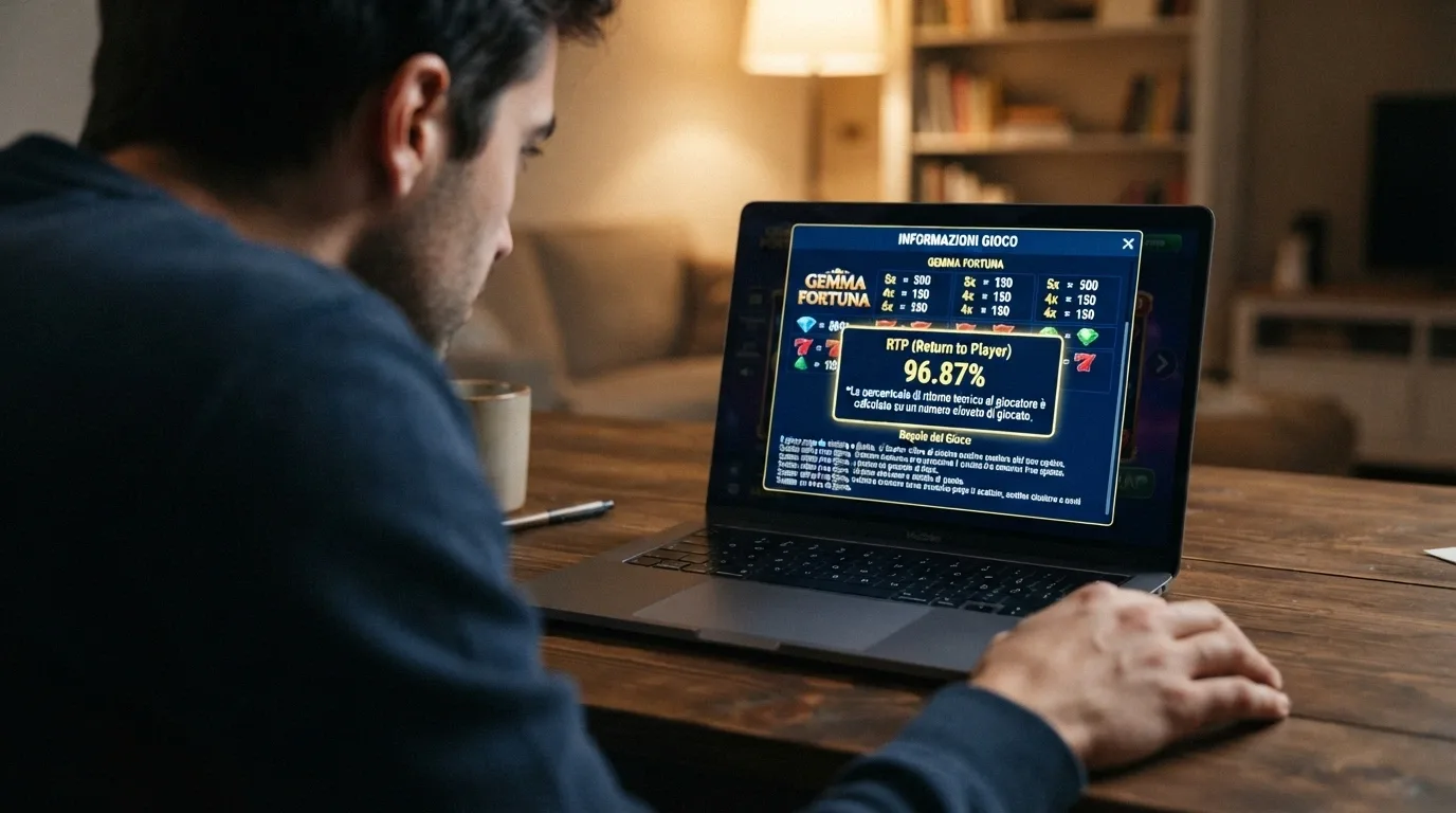 L'interfaccia della sezione informazioni di una slot machine online con il riquadro dell'RTP cerchiato o evidenziato