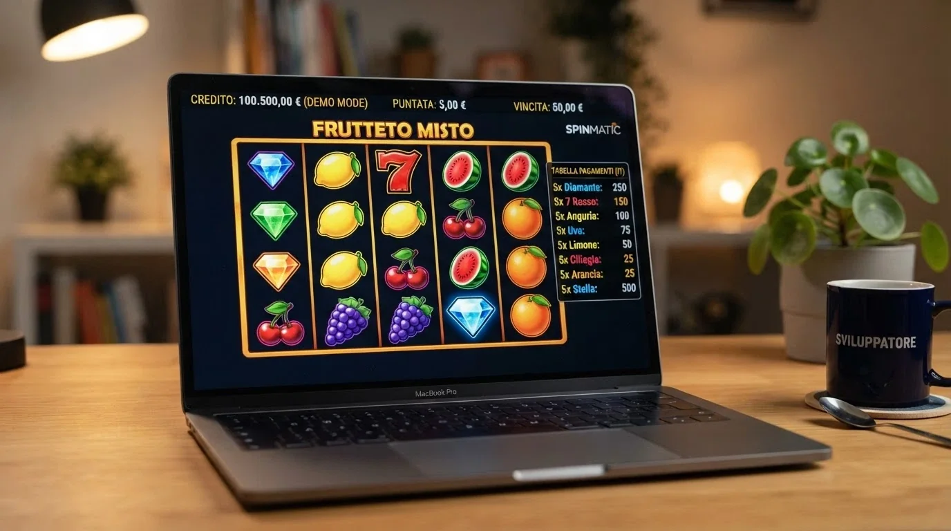 Schermata di una slot machine online in modalità demo con i rulli in movimento e la tabella dei pagamenti aperta