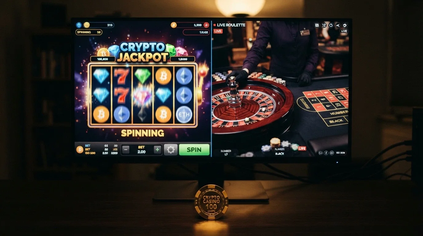 Una slot machine digitale con rulli in movimento, affiancata da un piccolo riquadro che mostra un tavolo da roulette in live streaming con un croupier in alta definizione.