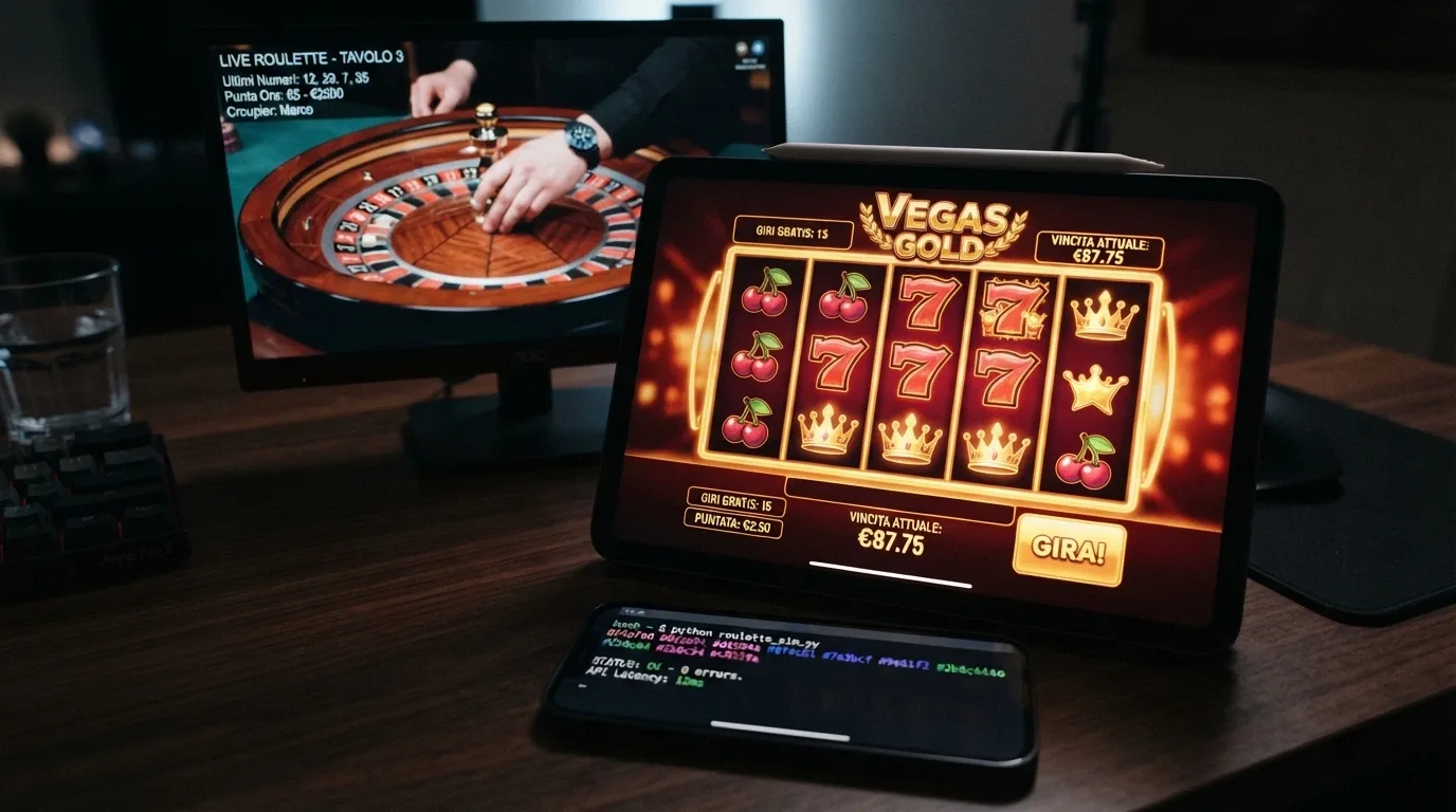 Tre schermate sovrapposte: una slot machine, un tavolo di roulette dal vivo con croupier, e un'interfaccia di gioco provably fair con hash crittografico