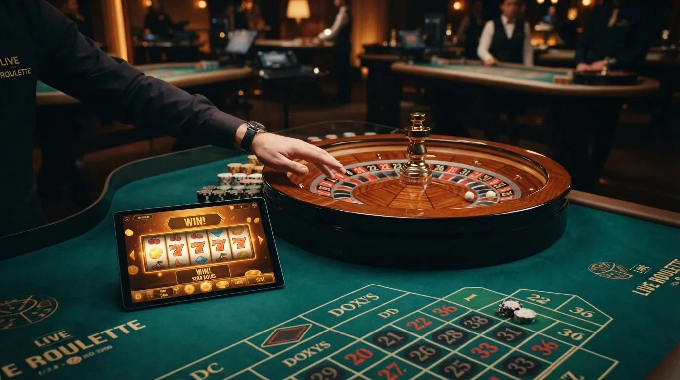 Tavolo di roulette live con croupier in streaming, affiancato da una slot machine a rulli con tema Ethereum