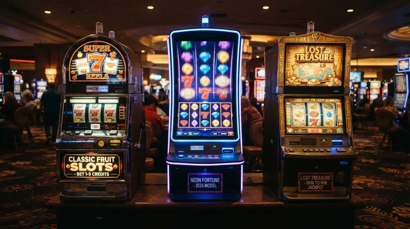 Tre slot machine affiancate con rulli in movimento e simboli colorati — una classica, una moderna e una a tema avventura — con l'indicazione del titolo sotto ciascuna