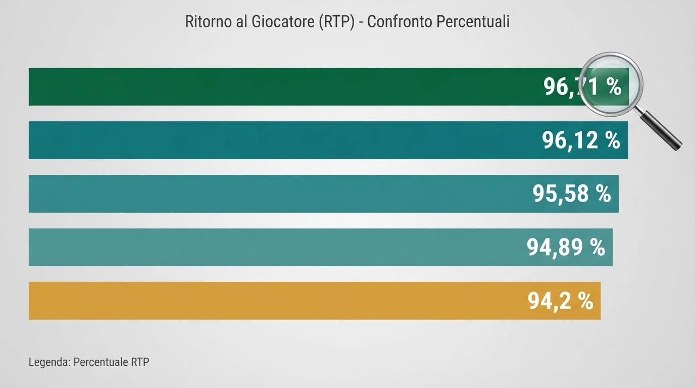 Una griglia con i nomi di cinque slot famose e accanto le percentuali di RTP in caratteri grandi, con una lente di ingrandimento su quella più alta