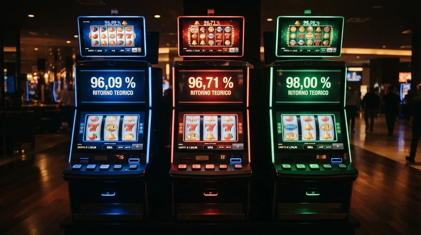 Tre slot machine affiancate — Big Bass Bonanza, Book of Dead e Sweet Bonanza — con i rispettivi valori RTP in sovrimpressione