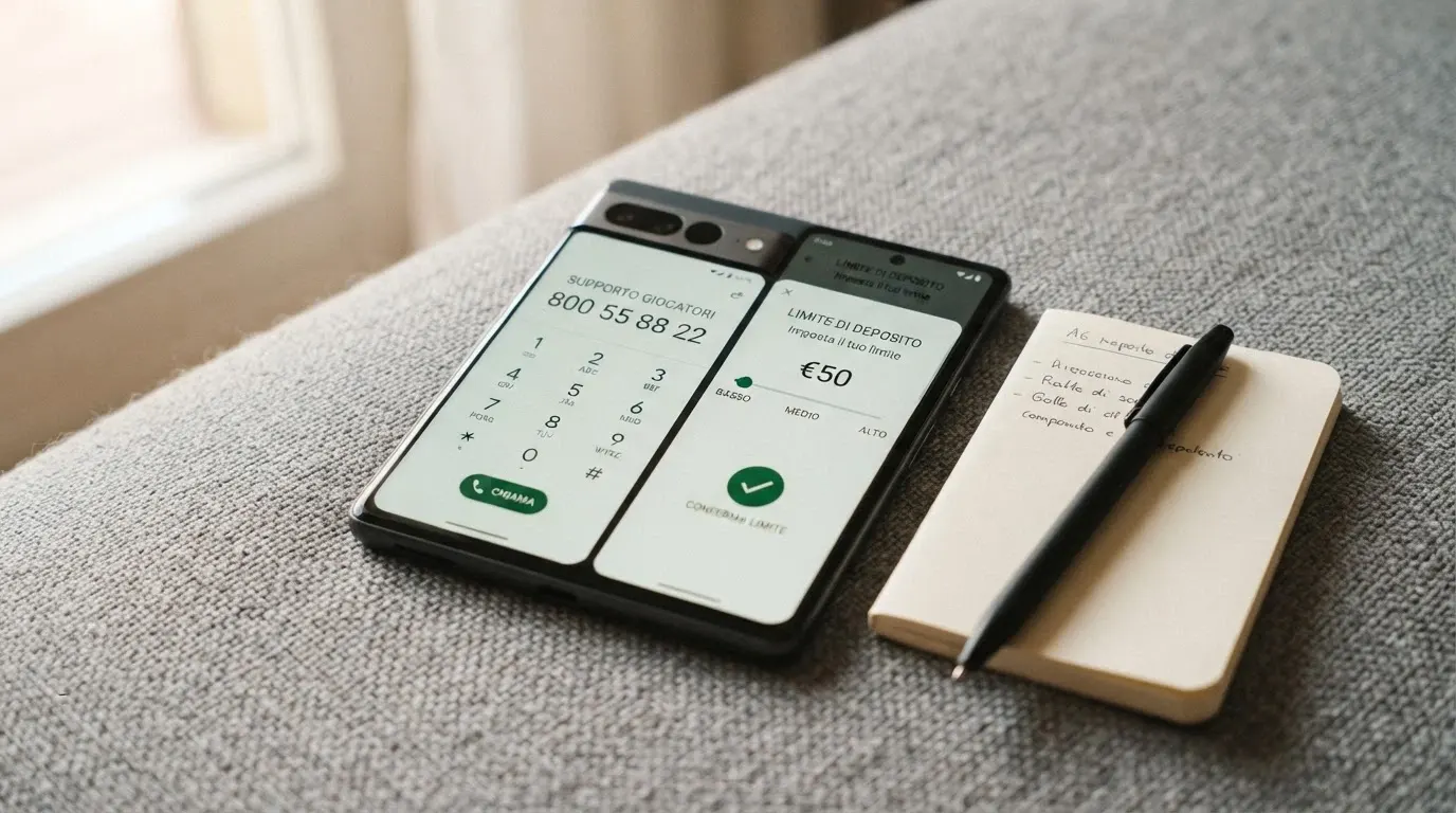 Un telefono con il numero verde TVNGA sullo schermo, affiancato da un'interfaccia di impostazione dei limiti di deposito