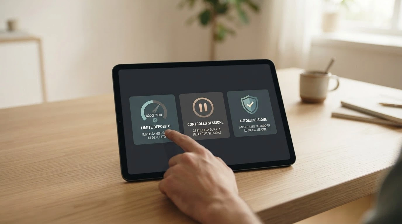 L'interfaccia di una dashboard di gioco responsabile con icone per limiti di deposito, autoesclusione e reality check