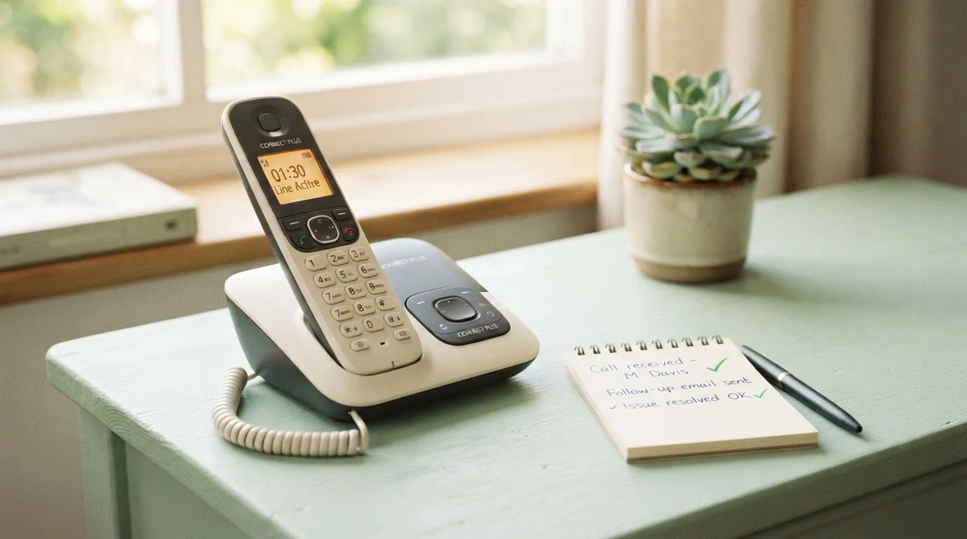 Un telefono con la cornetta sollevata e il numero 800 558 822 visibile, affiancato da un'icona di supporto e una spunta verde, su uno sfondo rassicurante