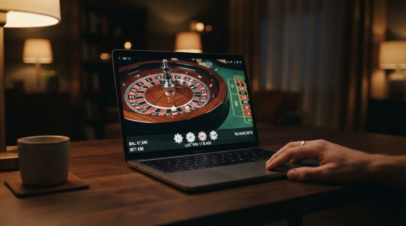 Un tavolo da roulette dal vivo con croupier, inquadrato dal punto di vista del giocatore online, con overlay dell'interfaccia di puntata