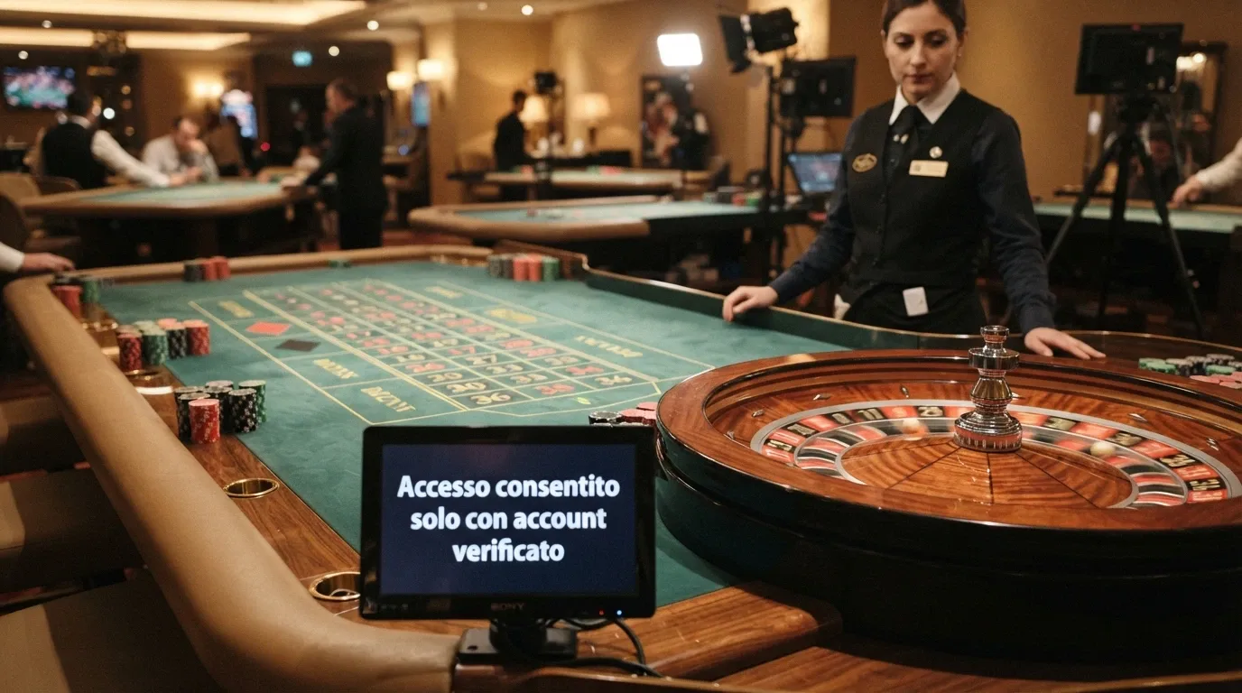 Un tavolo da roulette con dealer in divisa sullo sfondo, in primo piano un monitor con la scritta «Accesso consentito solo con account verificato»
