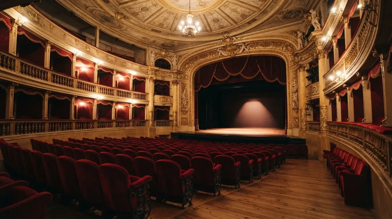 L'interno del Teatro del Casinò di Sanremo con i 255 posti in platea rossa, il palco storico e i palchi laterali, dove nel 1951 si tenne la prima edizione del Festival della Canzone Italiana.
