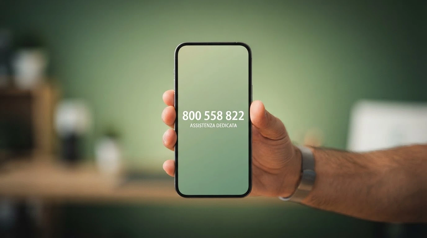 Un telefono con la cornetta alzata e il numero 800 558 822 in sovrimpressione su sfondo verde