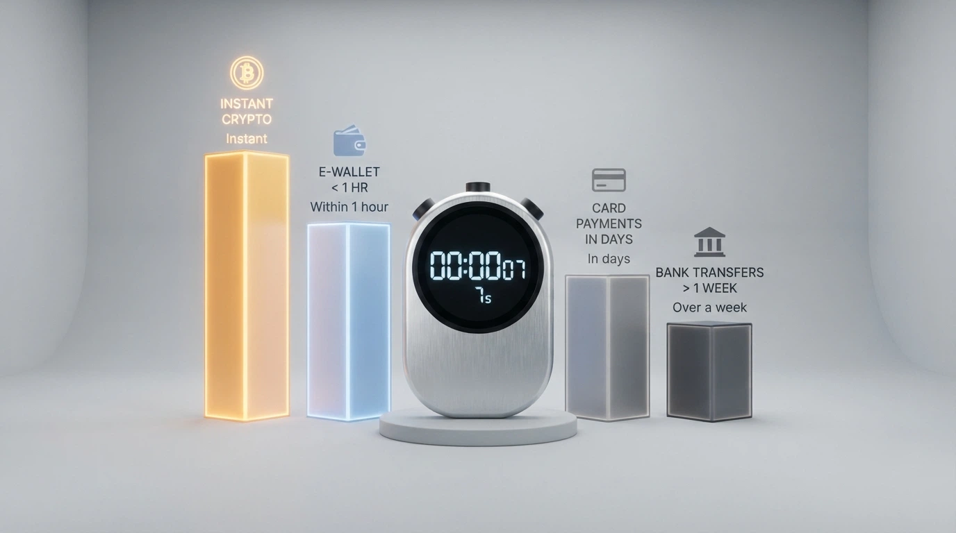Cronometro digitale accanto alle icone dei metodi di prelievo: criptovalute, e-wallet, carta di credito, bonifico bancario