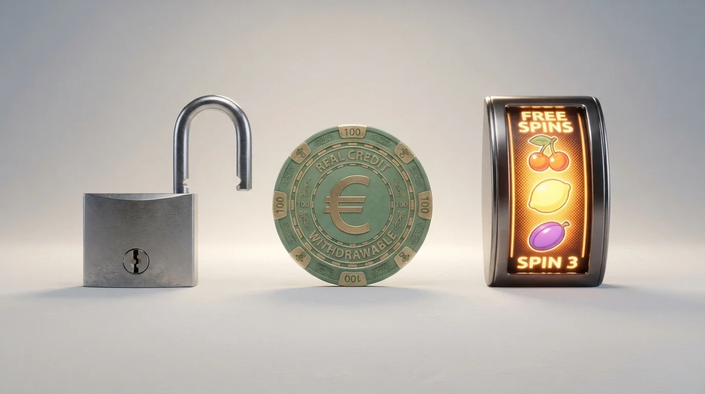 Tre icone affiancate che rappresentano le tre tipologie di bonus senza deposito: un lucchetto (Fun Bonus), una banconota (Real Bonus) e un rullo di slot (Giri Gratuiti)